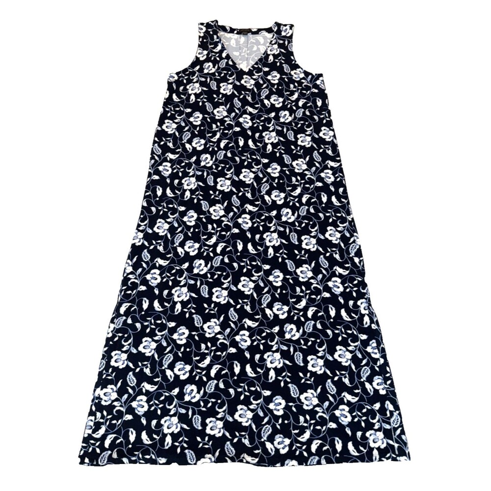 J. Jill Sleeveles Maxi Dress Size M Floral Stretch Casual Wearever Navy Blue